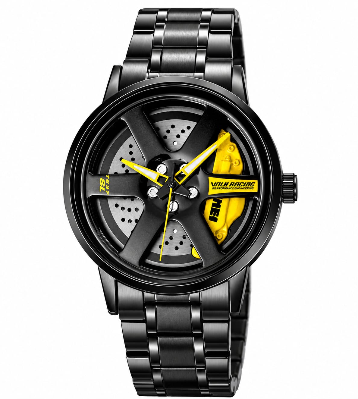 SMAIER Men’s Luxury Sport Watch – Alloy Wheel Design Black Metal Strap