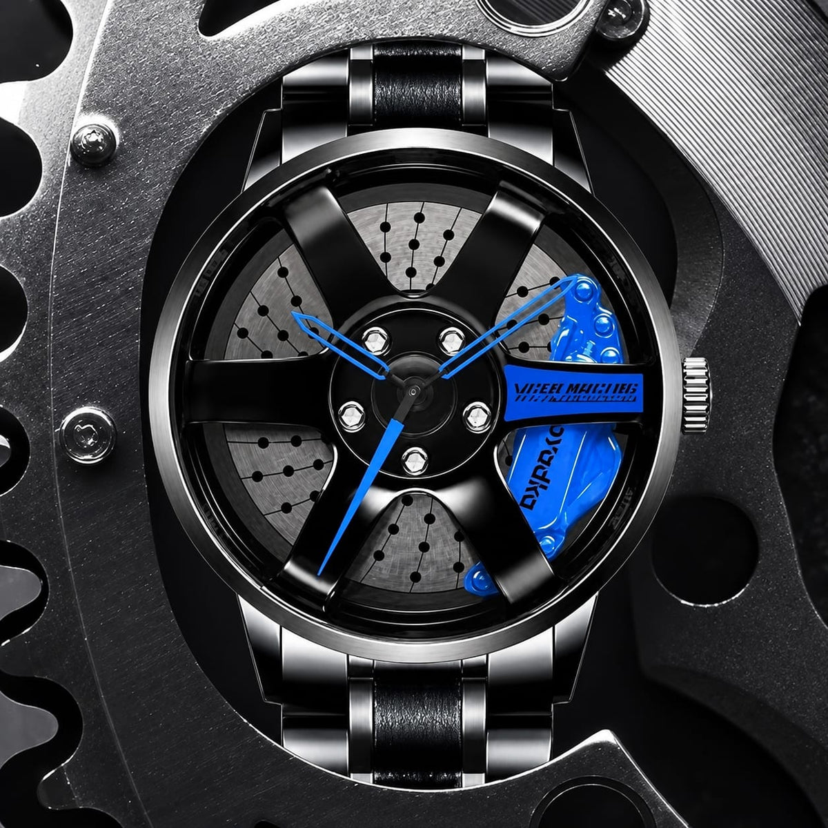 SMAIER Men’s Luxury Sport Watch – Alloy Wheel Design Black Metal Strap