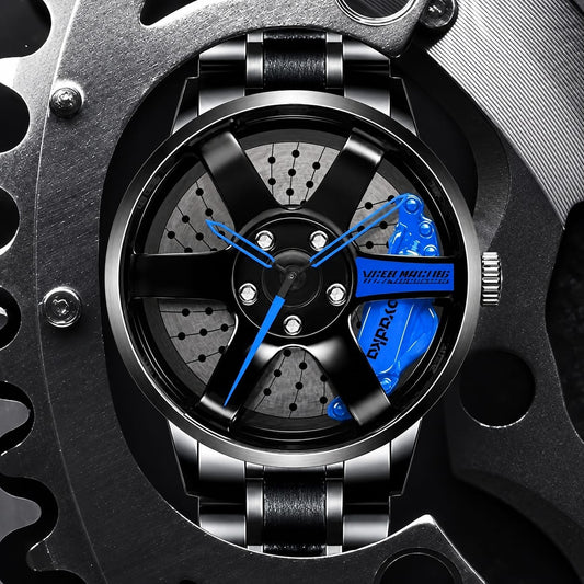 SMAIER Men’s Luxury Sport Watch – Alloy Wheel Design Black Metal Strap