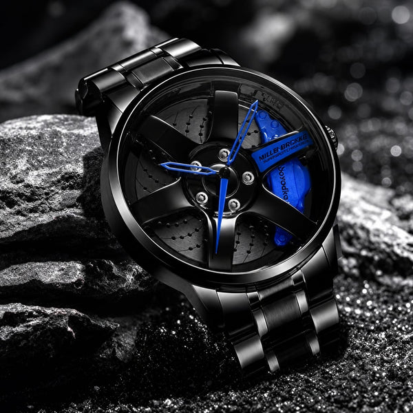 SMAIER Men’s Luxury Sport Watch – Alloy Wheel Design Black Metal Strap