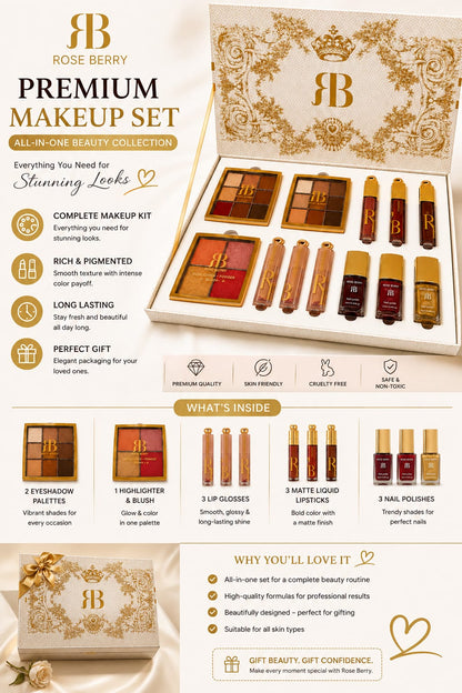 Rose Berry Luxury Makeup Gift Set – Eyeshadow, Lip Color, Blush & Nail Polish
