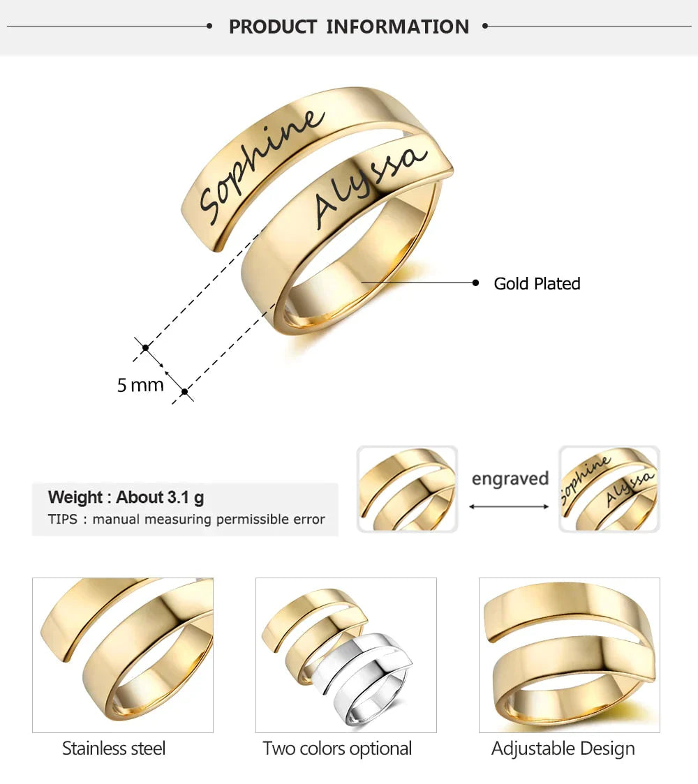 Personalized Engraved Dual Name Adjustable Ring